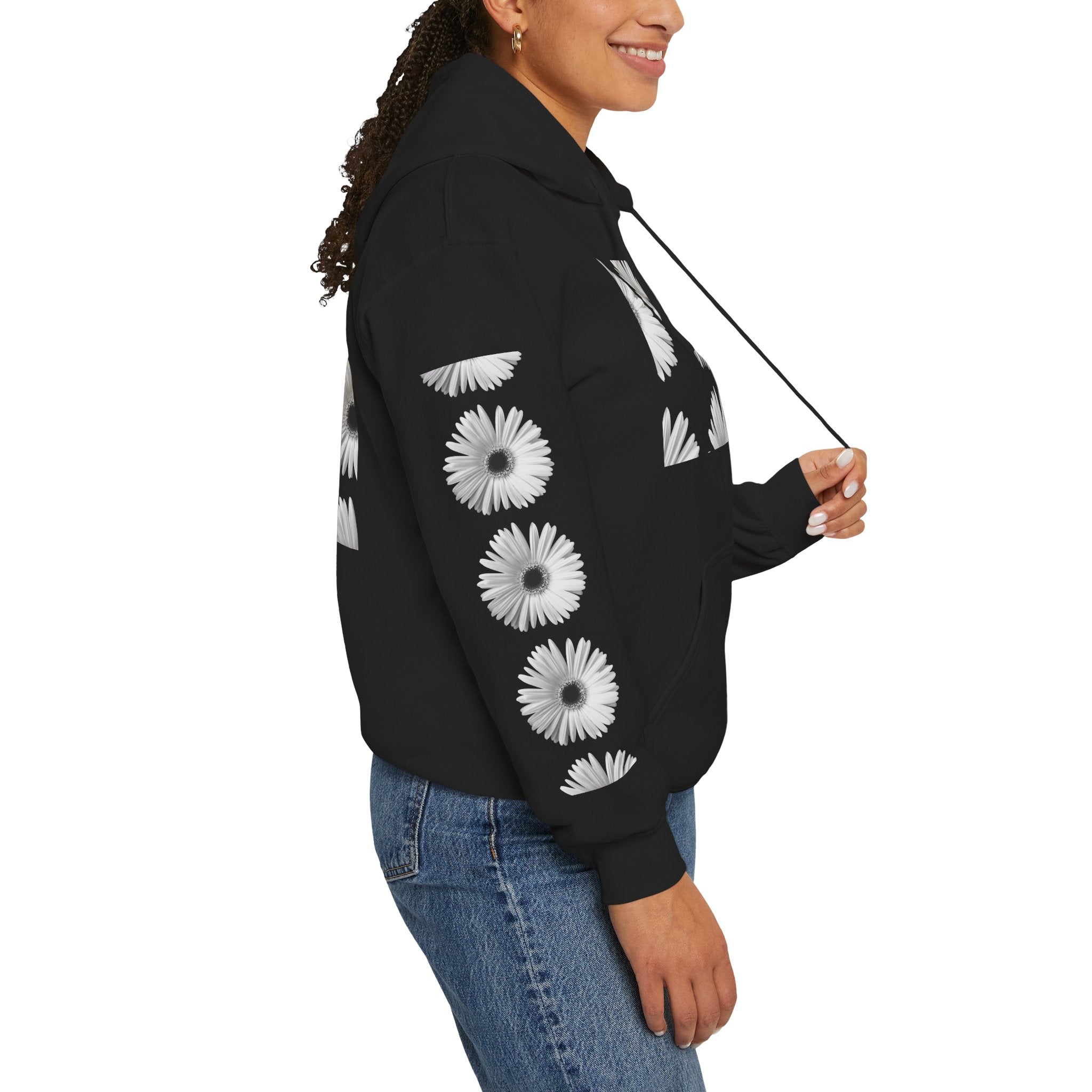 Daisy Grid Hoodie — Black Monochrome Floral Pullover