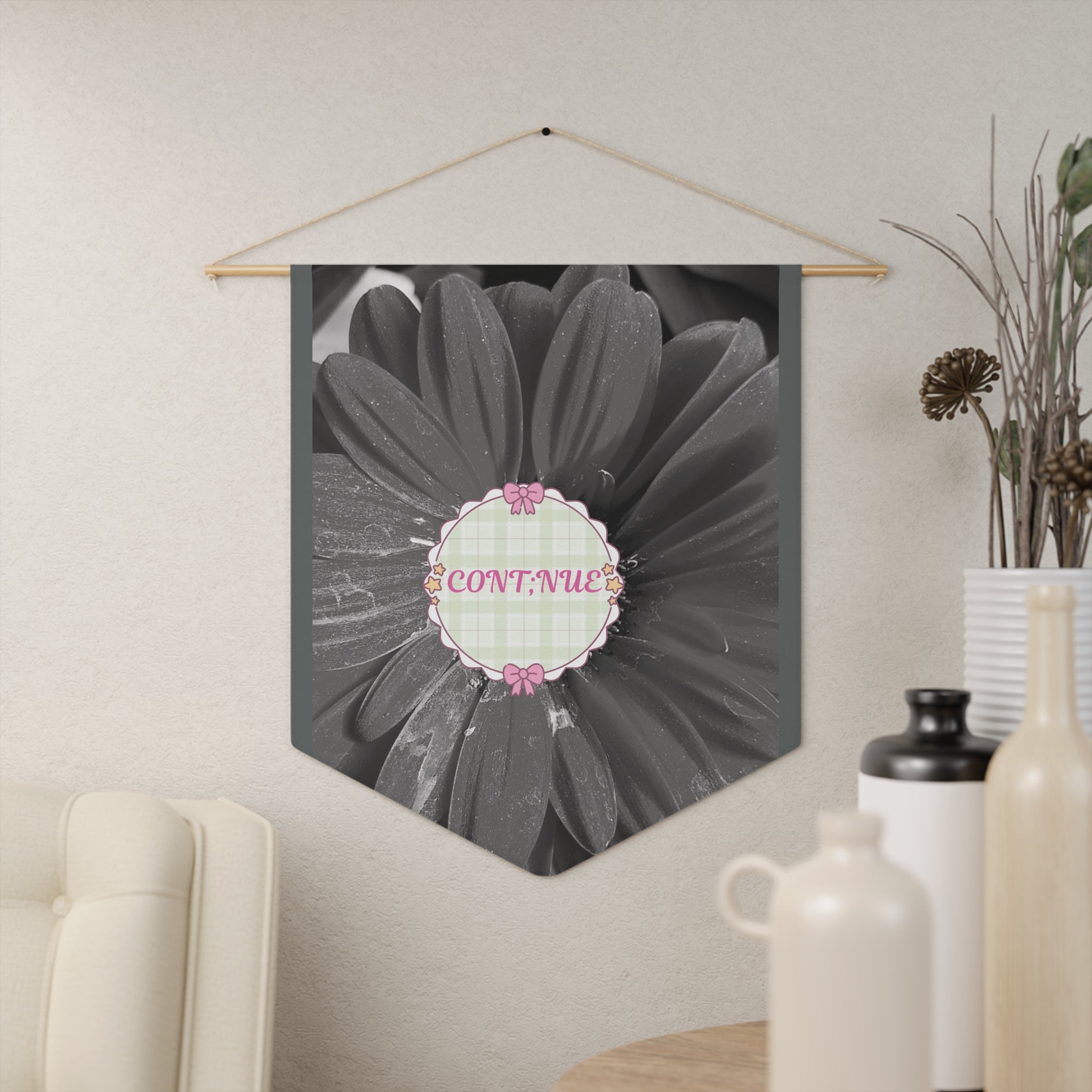 Continue Floral Pennant Wall Banner — Inspirational Black & White Daisy Decor