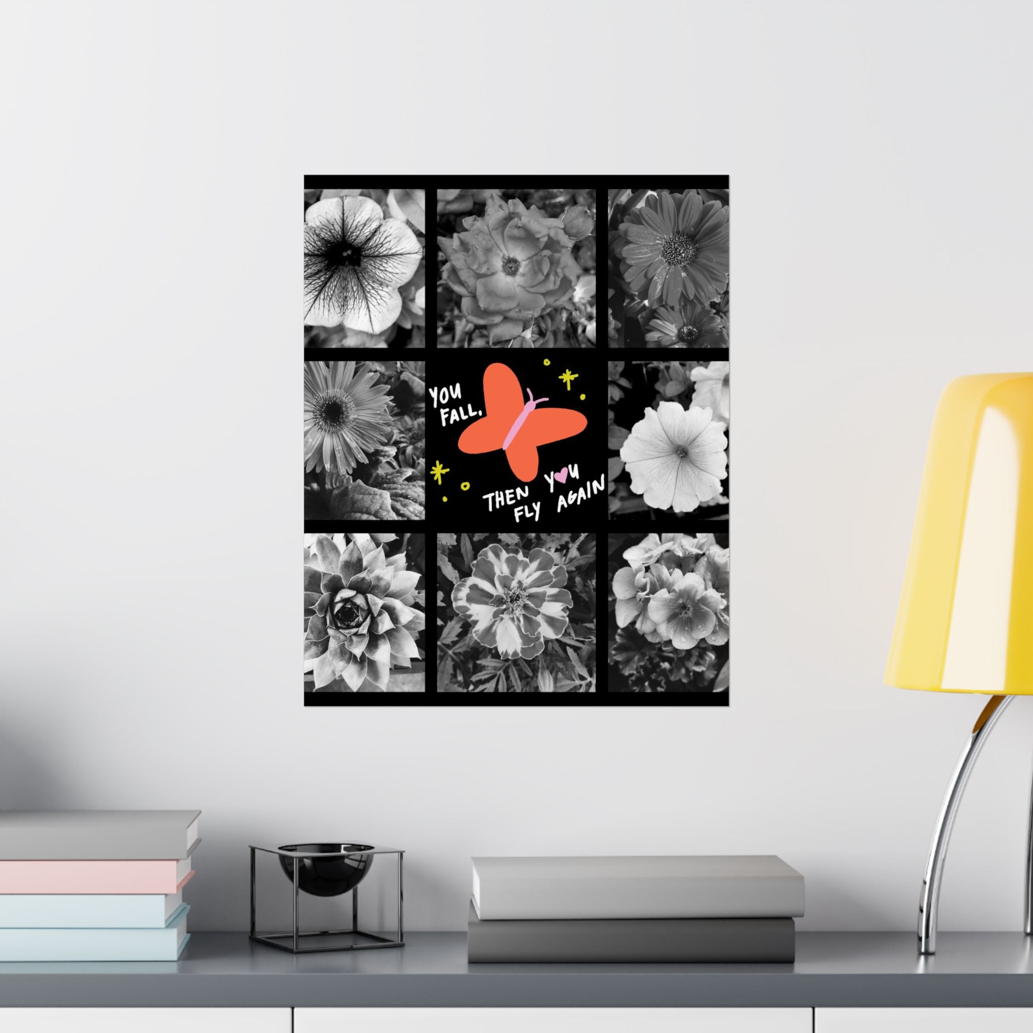 Motivational Butterfly Collage Poster — "You Fall, Then You Fly Again" Matte Vertical Poster