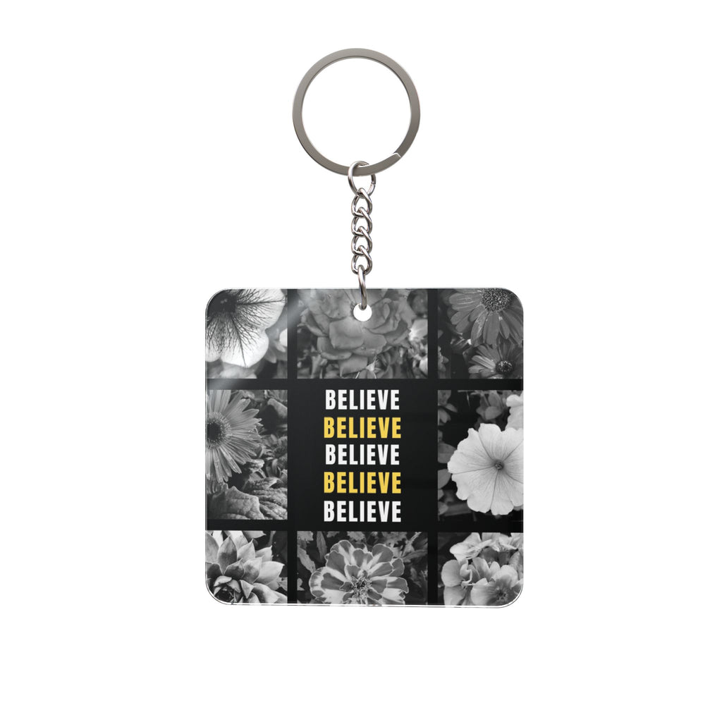 Believe Floral Square Keychain — Motivational Photo Grid Keyring