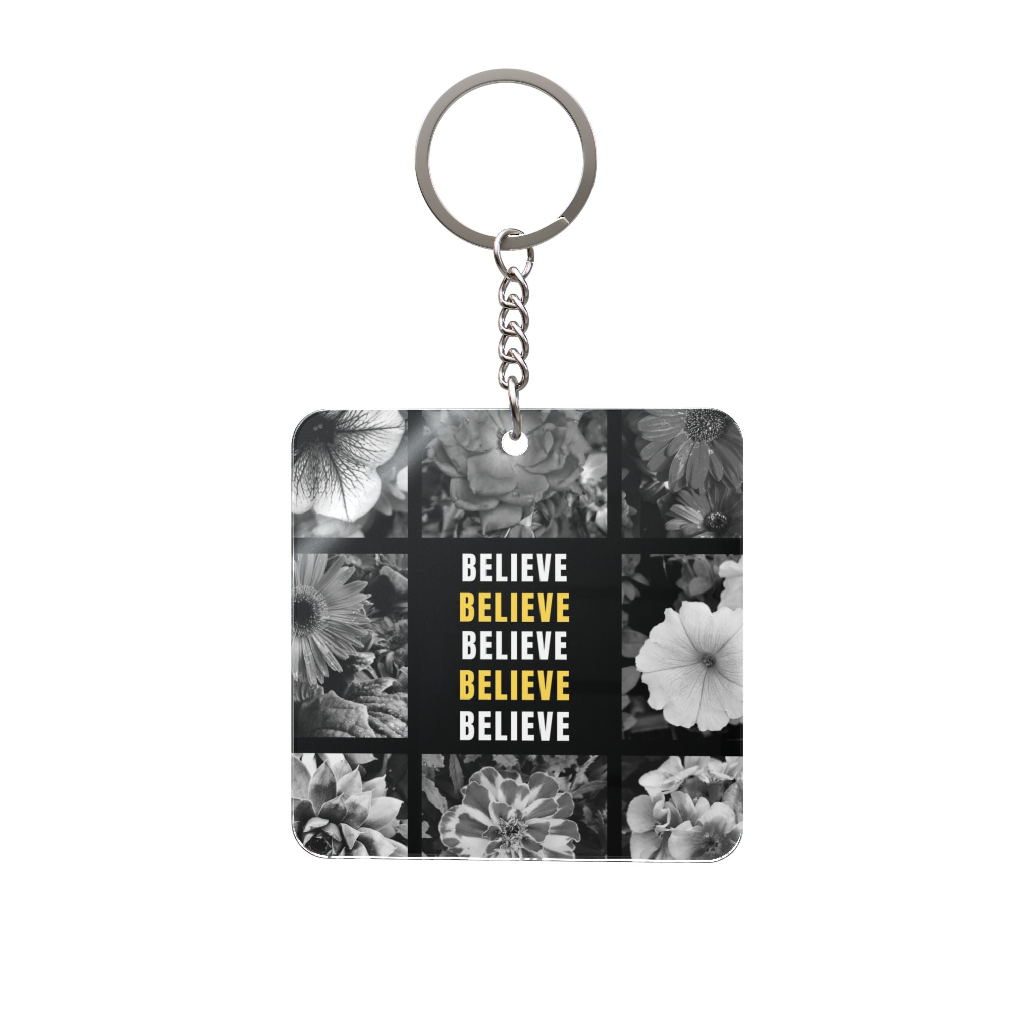 Believe Floral Square Keychain — Motivational Photo Grid Keyring