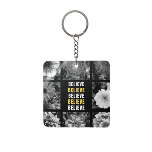 Believe Floral Square Keychain — Motivational Photo Grid Keyring