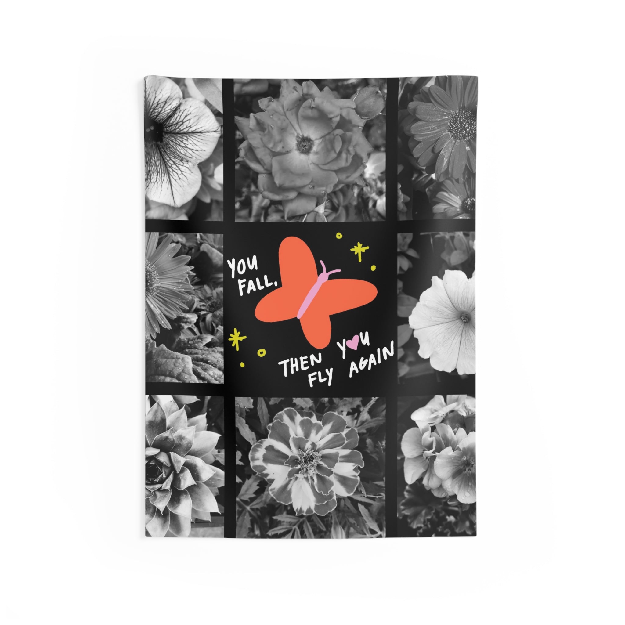 Motivational Butterfly Wall Tapestry — "You Fall Then You Fly Again" Floral Grid