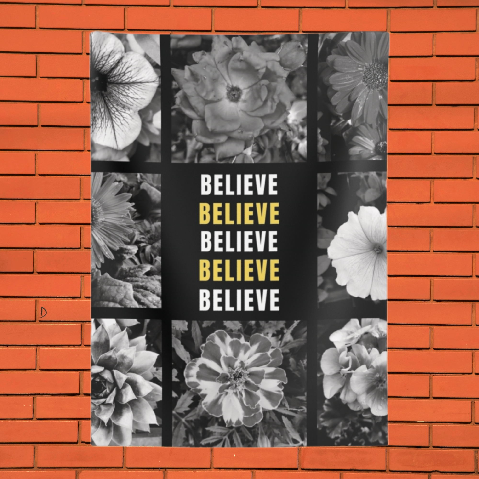 Believe Floral Wall Tapestry — Motivational Black & White Flower Decor