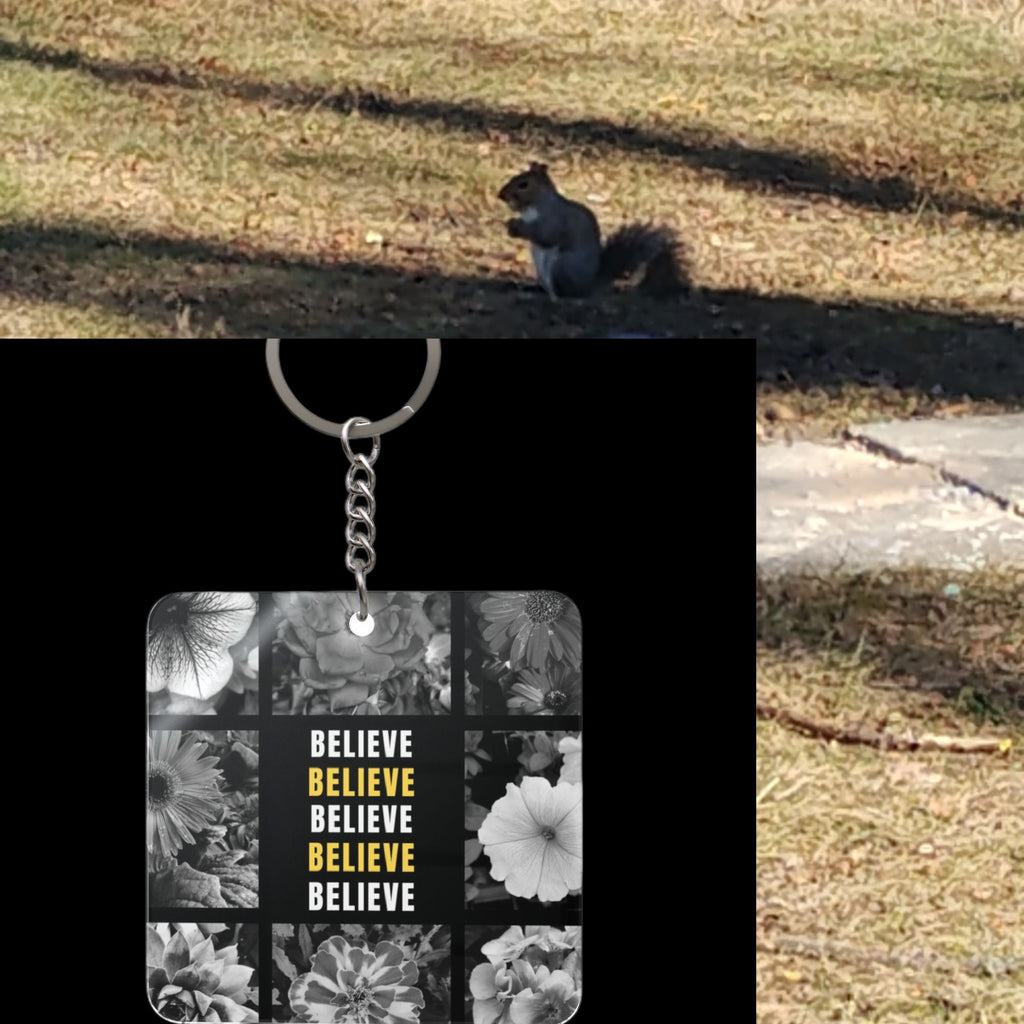 Believe Floral Square Keychain — Motivational Photo Grid Keyring