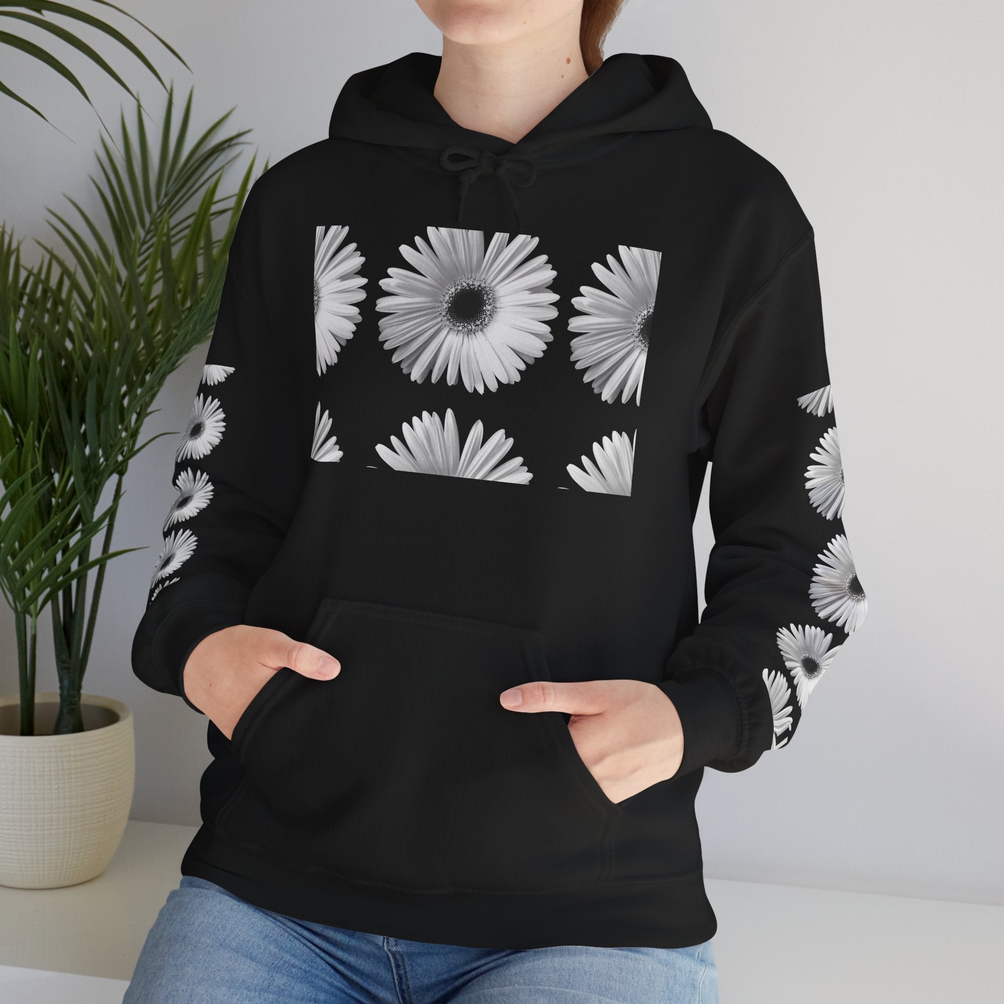 Daisy Grid Hoodie — Black Monochrome Floral Pullover