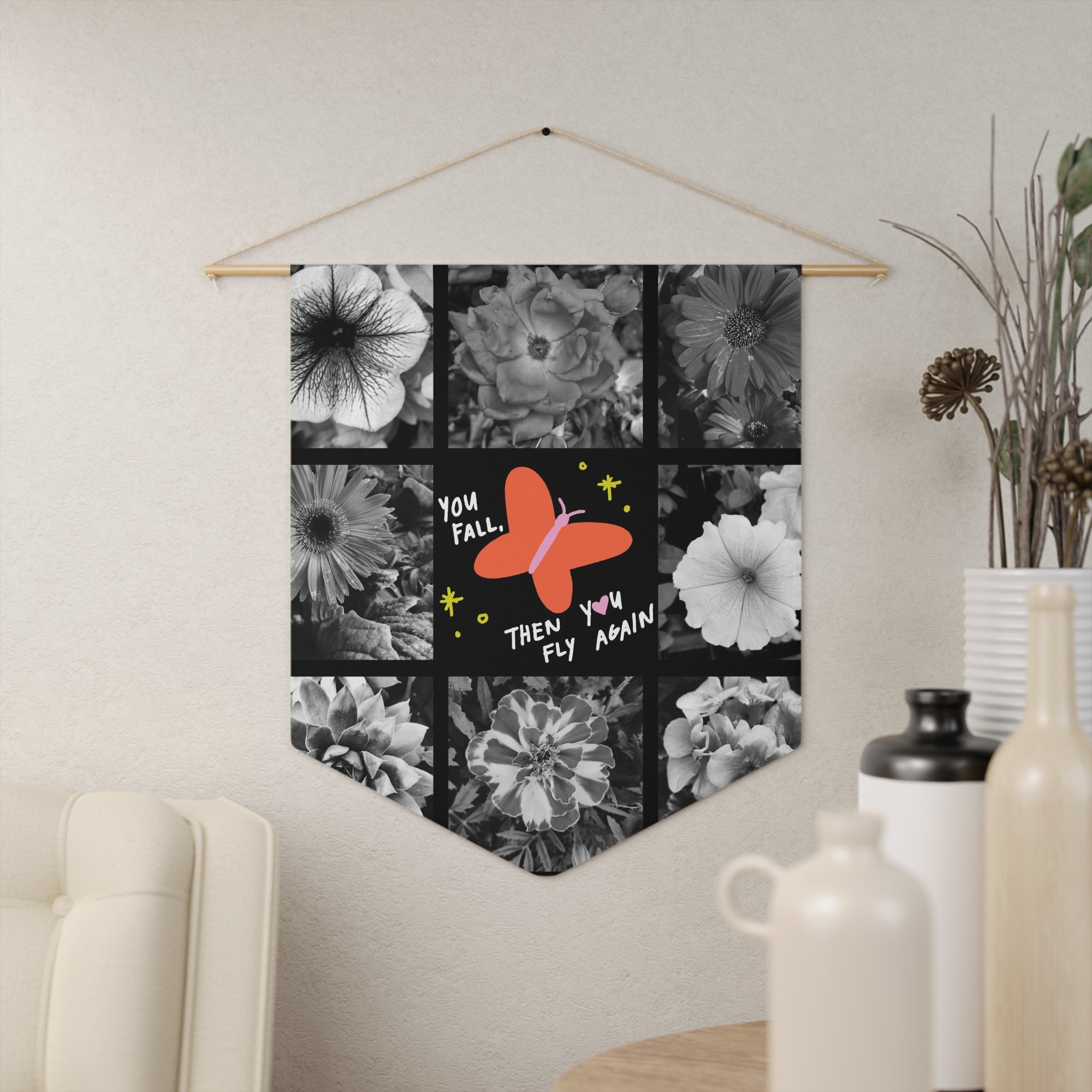 Inspirational Butterfly Pennant — "You Fall Then You Fly Again" Floral Wall Banner