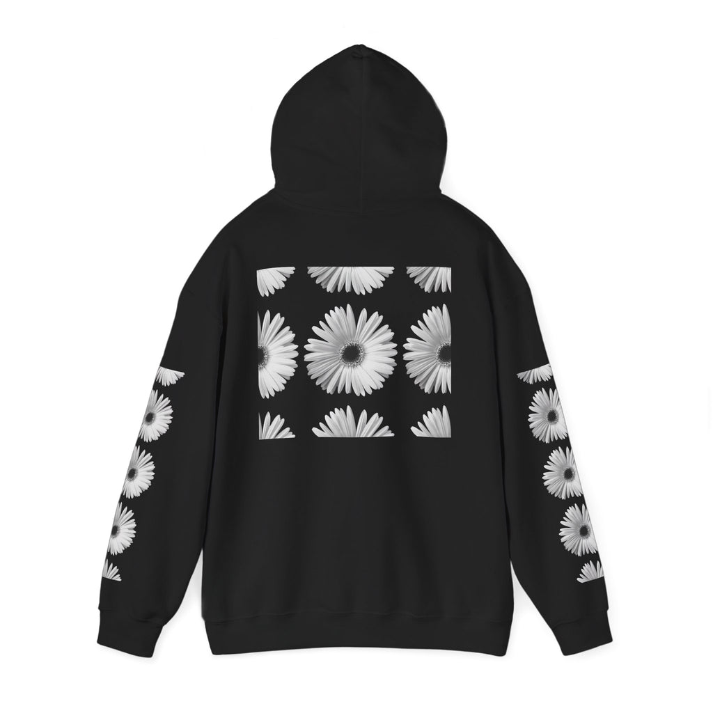 Daisy Grid Hoodie — Black Monochrome Floral Pullover
