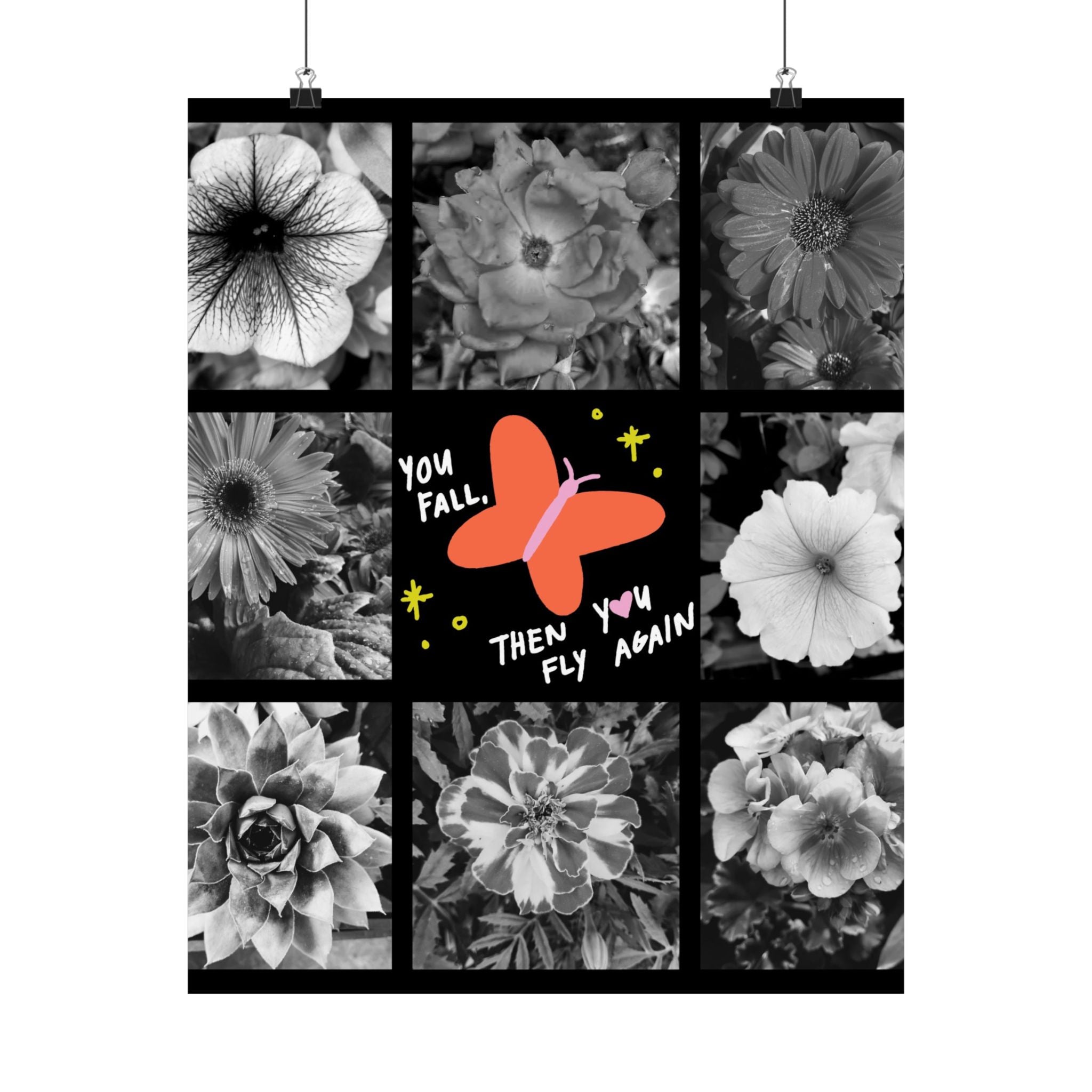 Motivational Butterfly Collage Poster — "You Fall, Then You Fly Again" Matte Vertical Poster