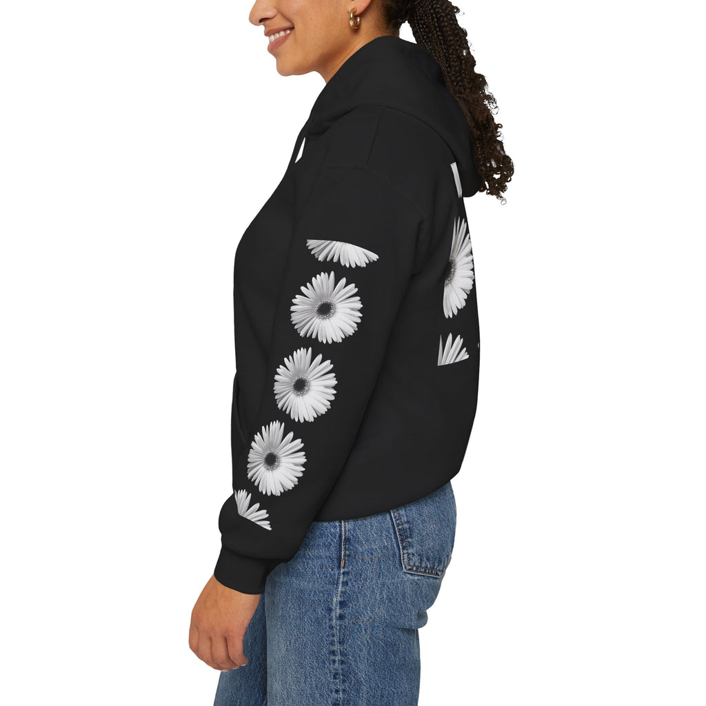 Daisy Grid Hoodie — Black Monochrome Floral Pullover