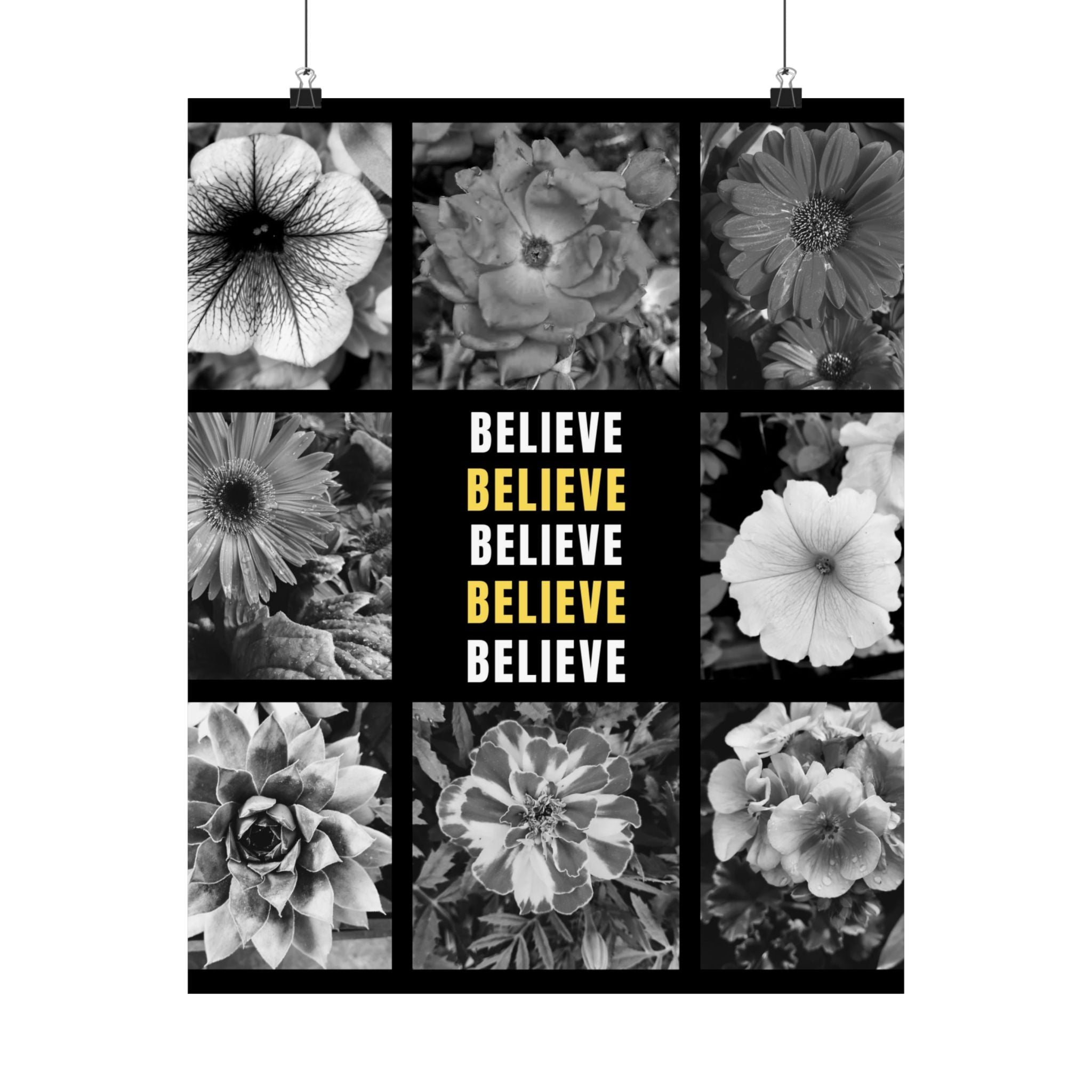 Believe Floral Matte Vertical Poster — Black & White Motivational Wall Art